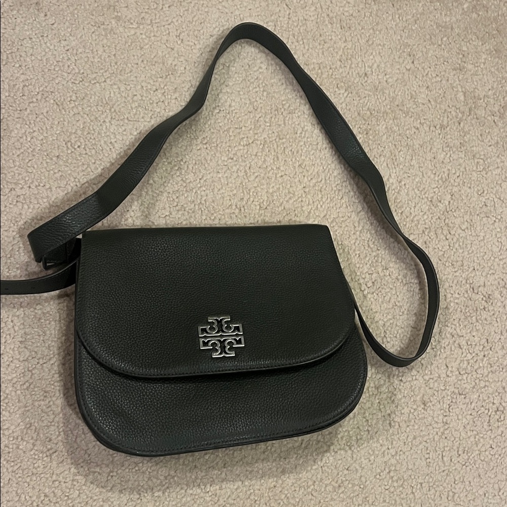 Tory Burch Black Pebbled Leather Flap Crossbody with Silver Logo